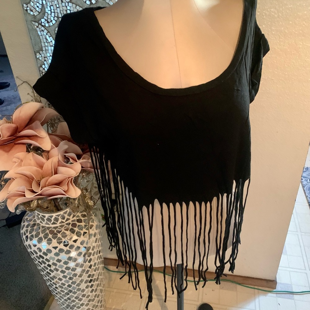 Boutique black fringe crop top Large